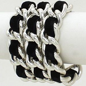 Black and Silver Suede Chain Link Statement Bracelet Fabric Fashion Jewelry